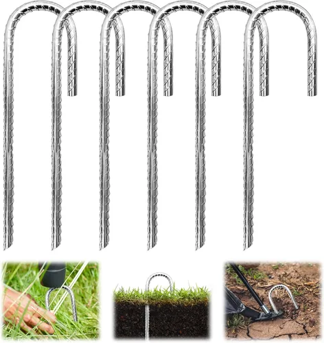 Paquete de 6 estacas de refuerzo de jardín de 3/8 pulgadas de alto grosor, gancho en J de acero galvanizado, anclajes de suelo de acero galvanizado,
