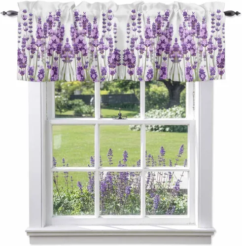 Miniatura 9 de Cortina de cenefas de lavanda púrpura pastoral para cocina, cafetería, cenefa floral de primavera de 42 x 12 pulgadas, bolsillo para barra, cortinas