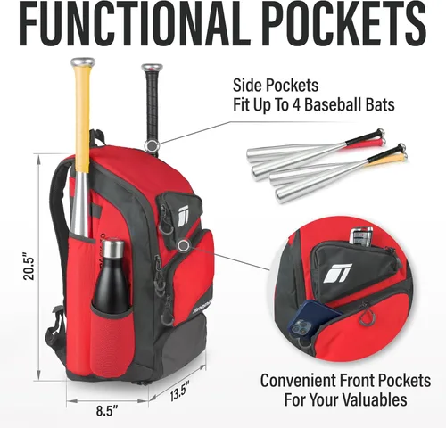 Miniatura 5 de Tonesport, Bolsa de Béisbol - Mochila para Béisbol, Sóftbol, T-Ball - Bolsa de Bate para Adultos y Jóvenes Rojo