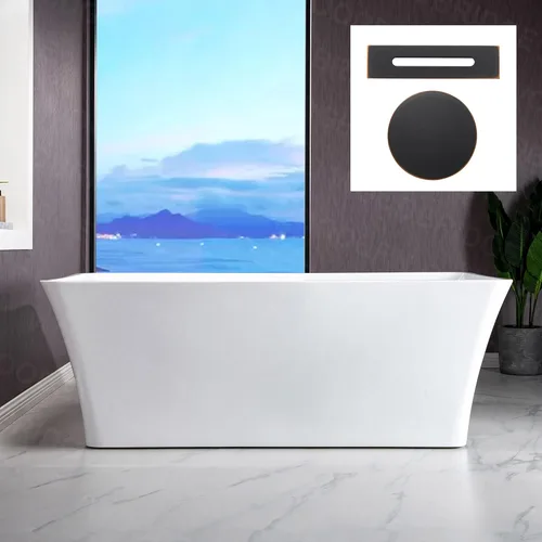 Miniatura 10 de WOODBRIDGE Bañera de acrílico independiente de 67 pulgadas, bañera blanca de remojo contemporáneo con desbordamiento y drenaje de oro cepillado