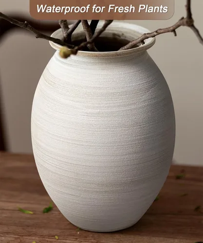 Miniatura 6 de GeLive Jarrón de cerámica bulbosa blanca mate texturizada de 9 pulgadas, cerámica rústica hecha a mano, estilo bohemio, Wabi Sabi, centro de mesa