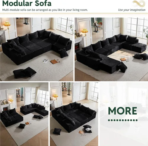 Miniatura 3 de MODNEST Sofá cama de 9 plazas, sofá modular sin hueso, sofá seccional de nube, sofás seccionales para sala de estar, sofás en forma de U con Negro