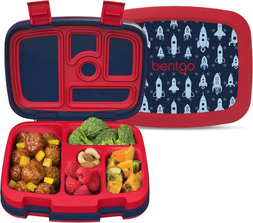 Bentgo Kids Prints - Lonchera para niños, a prueba de derrames, con 5 compartimentos, estilo bento, tamaño de porciones ideales para edades de 3 a 7