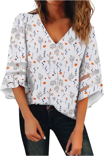 Blusas de tubo para mujer, estilo hawaiano, manga 34, cuello en V, encaje de retazos, para festivales, tallas grandes, ajuste floral, blusas