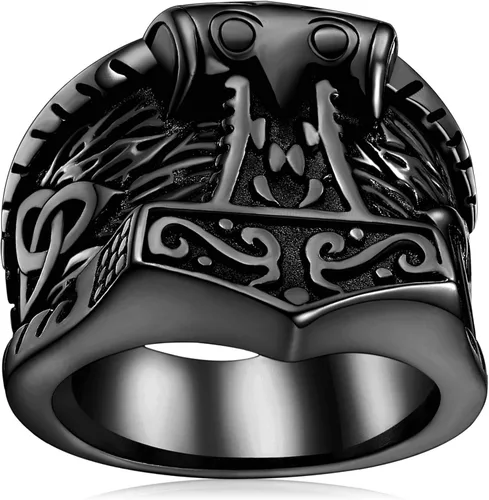 FaithHeart Norse Viking Jewelry - Anillo de acero inoxidable de guerrero para hombre con diseño vikingo de cabeza de lobomartillo de Thor,