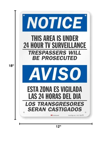 Miniatura 7 de SmartSign Letrero bilingüe con texto en inglés "Notice - This Area Is Under 24 Hour TV Surveillance" 12" x 18" 3M de aluminio reflectante de alta