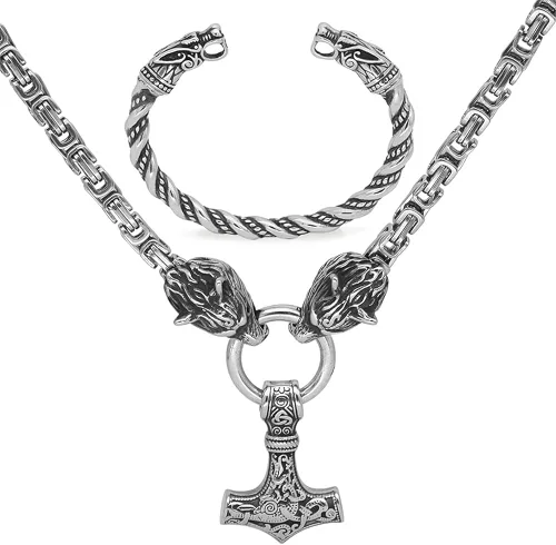 VikingsBrand Handmade Stainless Steel Thors Hammer Necklace with Wolf Heads Mjolnir Pendant Viking Gifts for Men Norse Jewelry for Men Authentic