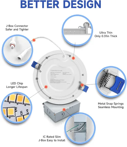 Miniatura 6 de ECOELER Iluminación LED empotrable de 6 pulgadas con caja de conexiones, 12 W, 1100 lm, 3000 K, luz de techo LED regulable, luces sin lata de alto