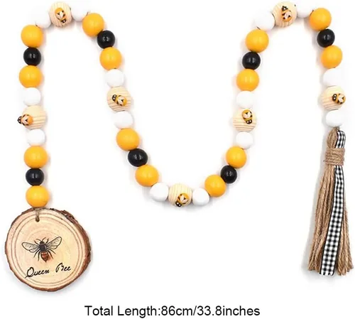 Miniatura 2 de Guirnaldas de cuentas de madera de abejorro con borlas, decoración de abejas primaverales, cuentas de madera amarillas y negras, cuentas de oración