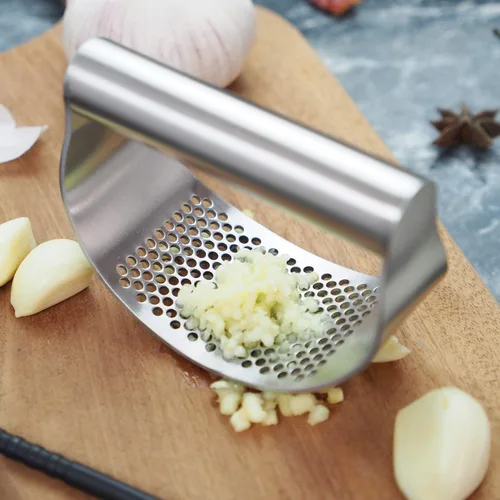 Miniatura 6 de GuDoQi Mecedora de prensa de ajo, picadora de ajo de acero inoxidable, picadora de ajo con pelador y cepillo raspador, prensa de ajo con mango