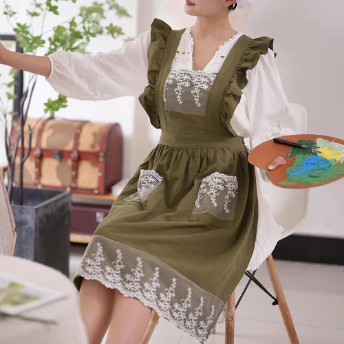 Miniatura 2 de Aoomzoon Delantales vintage para mujer con bolsillos, lindo delantal ajustable de encaje con volantes para cocinar, cocina, hornear, jardinería