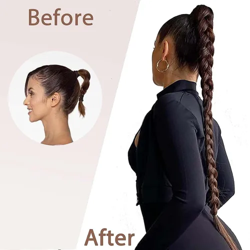 Miniatura 4 de Extensión de cola de caballo de trenza larga con lazo elástico, 1 unidad, extensiones de cabello sintético lacio y elegante envolvente para mujer