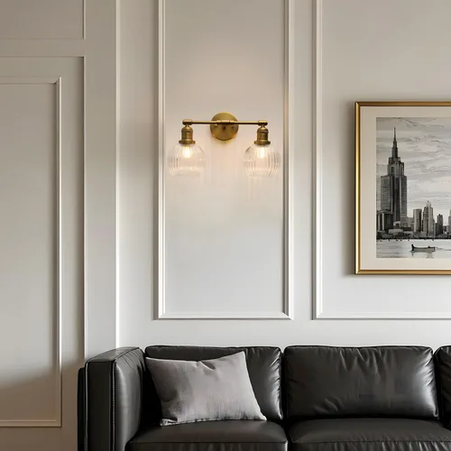 Miniatura 5 de Aplique industrial de pared de vidrio de doble brazo con pantalla de globo a rayas transparentes, lámpara de tocador de pared de 2 luces