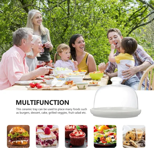 Miniatura 4 de Angoily Cloche - Plato de cerámica con cúpula de cristal para tartas con tapa de cúpula, soporte de exhibición de queso con cubierta de vidrio