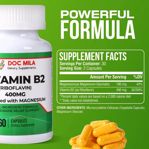Miniatura 2 de Vitamina B2 Riboflavina 400 mg Cápsulas – Suplemento de alivio de la migraña para niños y adultos – Apoyo para el dolor de cabeza – Tabletas