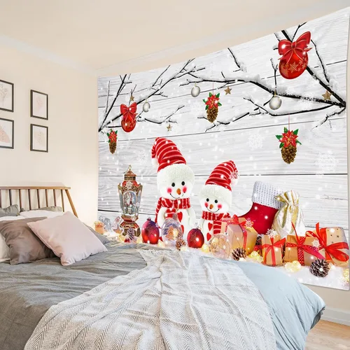 Miniatura 40 de HVEST Tapiz navideño de invierno para colgar en la pared, muñeco de nieve divertido con sombrero azul y tapices de regalo de Navidad, tapiz de pino
