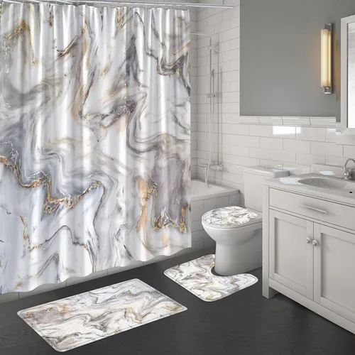 MitoVilla Juego de baño de mármol con cortina de ducha y alfombras y accesorios, abstracto gris dorado blanco, moderno, gris juego de decoración de