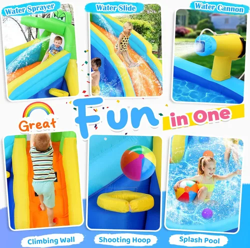 Miniatura 2 de Whubefy Toboganes acuáticos inflables para niños con soplador de 450 W, parque acuático inflable 6 en 1, tobogán acuático de 158 x 138 x 89 pulgadas