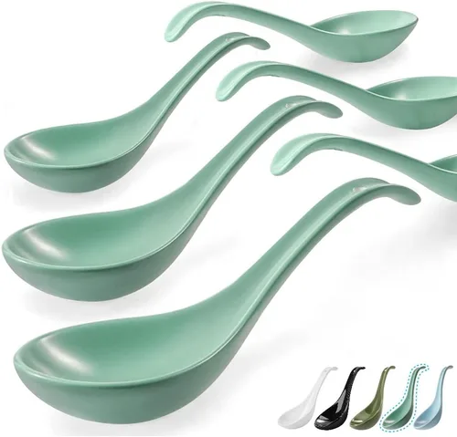 Miniatura 9 de Artena Juego de 6 cucharas de sopa asiática de 6.75 pulgadas, cuchara de sopa japonesa de porcelana ultrafina, cucharas de ramen negras para fideos