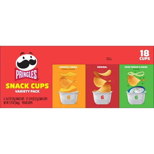 Miniatura 7 de Pringles Papas fritas de patata, aperitivos para el almuerzo, tazas de aperitivos, paquete variado, caja de 12.9 onzas (18 tazas)