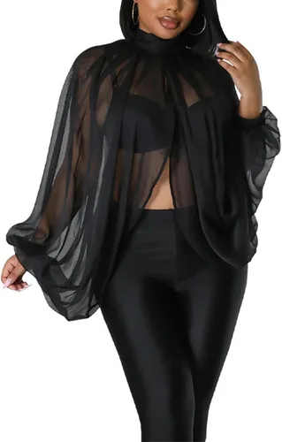 Tops Sexys para Mujer Fiesta Club Noche con Mangas de Murciélago de Gasa Transparente con Lazo Trasero en la Parte Frontal Camisas de Mujer Casuales