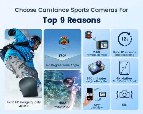 Miniatura 5 de Cámara de acción Camlance 4K 60FPS con tarjeta de 64GB - Cámara impermeable de 48MP, cámara submarina de 40M, zoom de 8X, estabilización EIS, WiFi