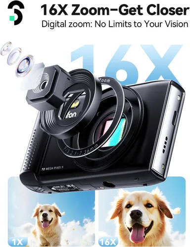 Miniatura 3 de Cámara digital SOOMFON - Cámaras para niños Max 72MP de punto y disparo con zoom 16X, tarjeta TF de 32G, 2 baterías y lector de tarjetas, cámara
