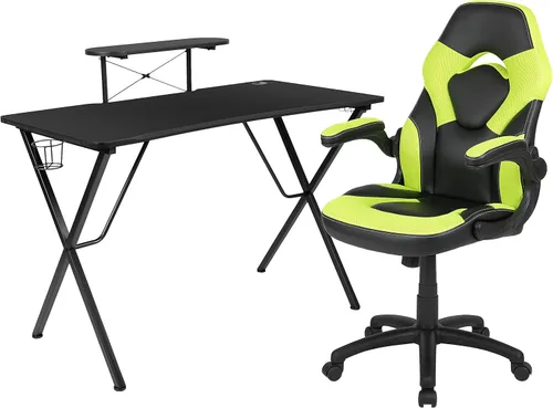 Miniatura 13 de Flash Furniture Juego de escritorio para juegos negro y silla de carreras blanco/negro con soporte para tazas, gancho para auriculares y soporte