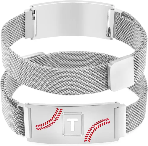 Miniatura 44 de Fervia Regalos de graduación de Pascua para hombres, pulsera con inicial de béisbol, color negro, plateado, dorado, acero inoxidable, pulseras