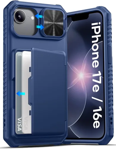 ATATOO Funda tipo cartera para iPhone 16e, tarjetero integrado (3-5 tarjetas) y funda de cámara deslizante y bloqueo RFID, protección de grado Azul