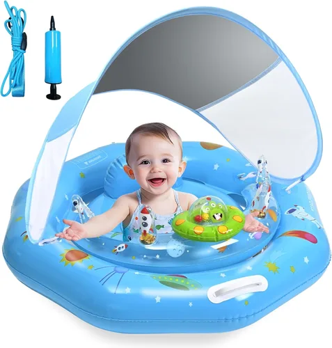 Flotador de piscina para bebé con toldo y consola de juguetes, asiento seguro ajustable, parasol UPF50+ extraíble, flotador de piscina infantil para