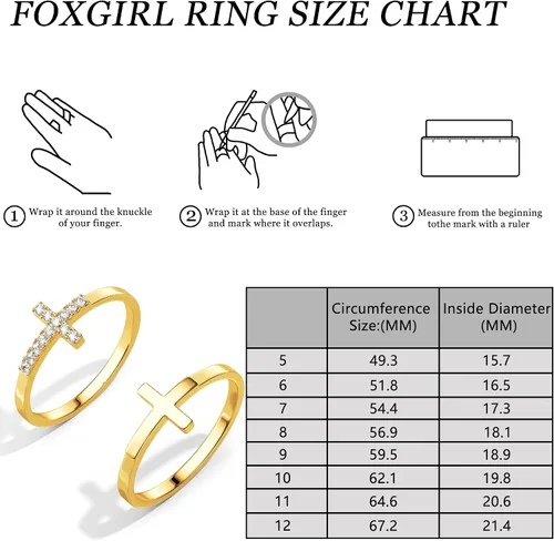Miniatura 7 de Foxgirl Anillos de cruz de oro para mujeres y niñas, juego de anillos apilables chapados en oro de 14 quilates, anillos de dedo de cruz fina