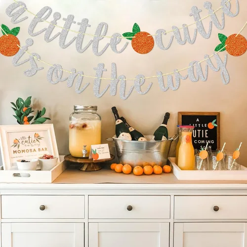 Miniatura 7 de Cartel con texto en inglés "A Little Cutie Is On The Way", pancarta de cítricos, cumpleaños temático naranja, decoración de fiesta de cumpleaños