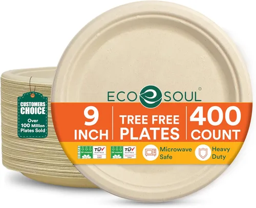 Miniatura 12 de ECO SOUL Compostable Paper Plates 9 Inch, 500 Pack – Heavy Duty Disposable Dinner Paper Plates, White Bagasse, Leak-Resistant, Microwave Safe