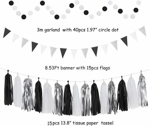 Miniatura 3 de Kits de decoración para fiestas negro blanco-plata - 33 piezas, banderas, guirnaldas con borlas para graduación, pompones de papel de seda tipo