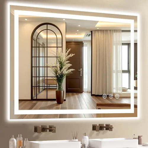 Miniatura 20 de 48x24 Inch LED Bathroom Mirror with Lights, Anti-Fog 3-Color Dimmable Memory Touch Control, Waterproof HD Tempered Glass, Wall Mounted Vanity Mirror