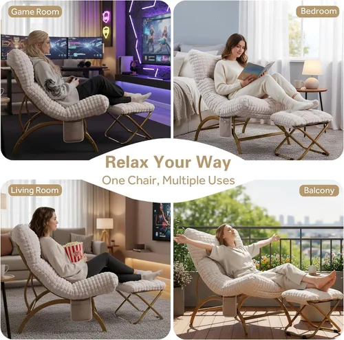 Miniatura 6 de Welnow Silla perezosa beige con otomana, silla de lectura de gran tamaño para adultos, silla de descanso acolchada suave para sala de estar