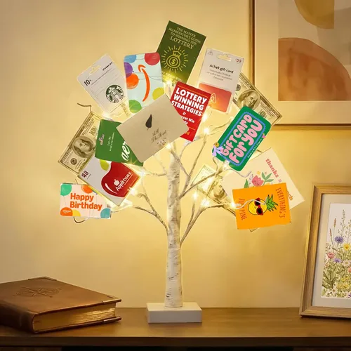 EAMBRITE Soporte para Regalo de Árbol de Dinero, Árbol de Abedul Iluminado de 2 Pies 24LED, Temporizador Alimentado por Batería/USB, Pantalla de