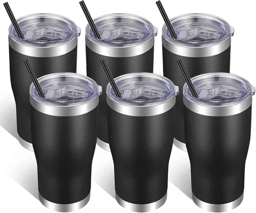 VEGOND Vaso de acero inoxidable de 20 onzas con tapa y pajita, aislado al vacío, taza de café de viaje de doble pared (negro, paquete de 6)