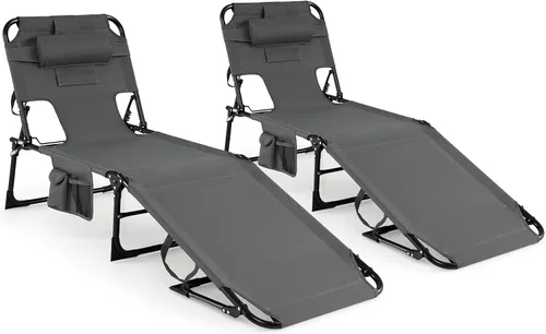 Miniatura 12 de Tangkula Silla de bronceado con agujero frontal, plegable y ajustable para patio, silla reclinable, para playa, tomar el sol, con bolsillo lateral