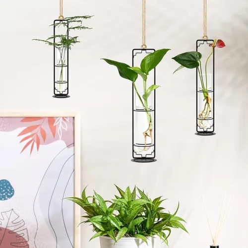 Miniatura 4 de MIPON Estación de propagación de plantas colgantes de metal, maceta hidropónica de tubo de ensayo de vidrio de 3 tamaños, soporte bohemio para Negro