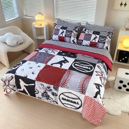 Miniatura 7 de Juego de 7 piezas de edredón deportivo de béisbol en una bolsa, tamaño Queen, ropa de cama 3D para niños, deportes de sóftbol, microfibra para todas
