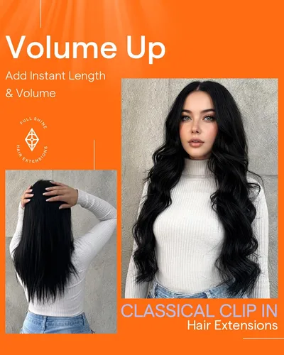 Miniatura 6 de Full Shine - Extensiones de clip de cabello humano, extensiones doble capa de cabello brasileño lacio - Color 1, negro azabache, 7 piezas, 4.2 onzas