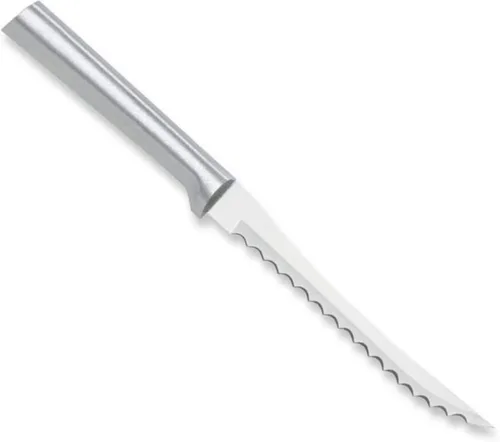 Rada Cuchillo rebanador de tomate (R126), hoja dentada hueca de acero inoxidable de 5 pulgadas, fabricado en Estados Unidos, mango plateado, paquete