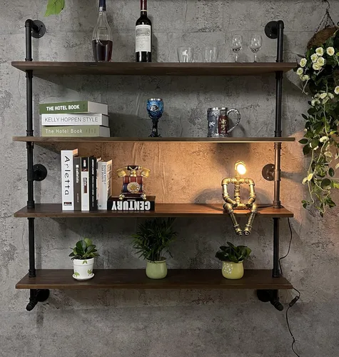 Miniatura 3 de Estantes de pared de tubería industrial con tablón de madera real, estantes flotantes de 48 pulgadas para pared, estantería de libros estilo granja