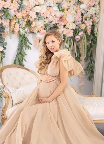 Miniatura 4 de Vivymaku Vestido de maternidad de gasa con cuello en V para sesión de fotos, maternidad, embarazo, baby shower, vestido hinchado transparente