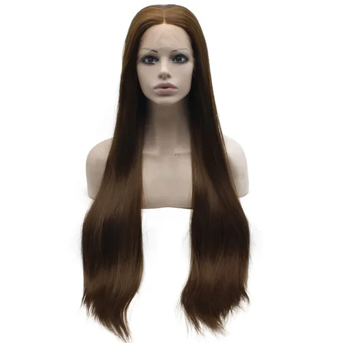 Miniatura 11 de Mxangel - Peluca de cabello sintético largo y lacio con encaje frontal, color negro, natural atado a mano, resistente al calor