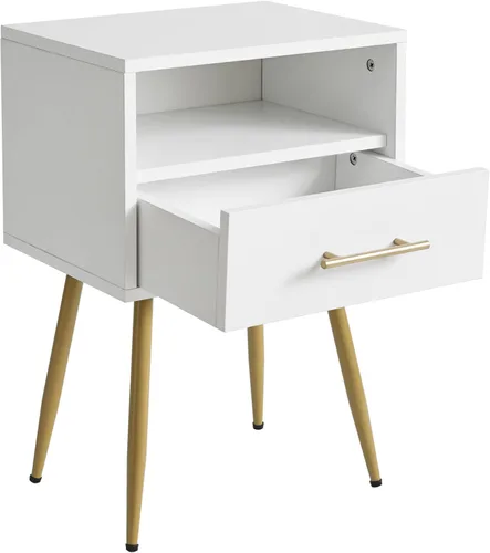 IBUYKE Mesita de noche, mesita de noche moderna de mediados de siglo, mesita de noche con cajones y estante de almacenamiento abierto, mesa auxiliar
