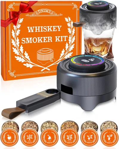 Kit de ahumador eléctrico de whisky con niveles de humo ajustables y anillo de temporizador LED, kit de ahumador de cóctel recargable con 6 virutas