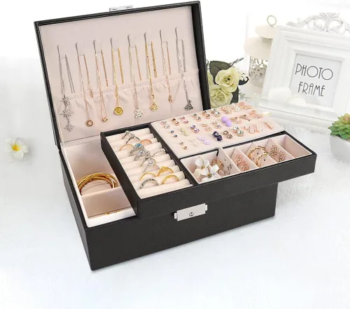 Miniatura 5 de MRMOSY Joyero para mujeres y niñas organizador de joyas estuche de almacenamiento de 2 capas de piel sintética con bandeja extraíble y cerradura